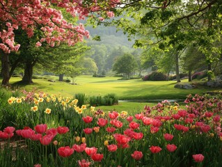 Obraz premium Lush park scene with vibrant flowers, blossoming trees, a grassy field, and distant hills