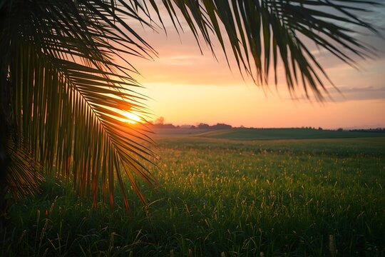 Palm sunday concept. Border of palm leaves over meadow sunset background
