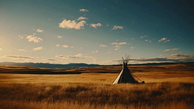 Majestic teepee stands alone in golden prairie under a vast, cloudy sky.