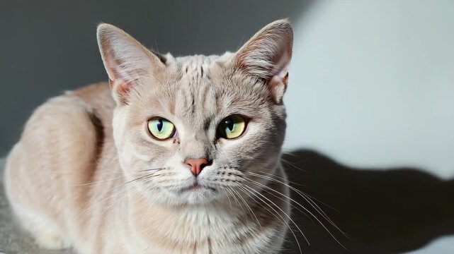 Shorthair cat with striking green eyes staring directly, dramatic lighting, sharp facial features
