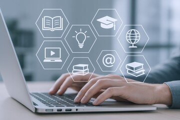 Online Education Concept: Person Typing on Laptop with Educational Icons Overlayed, Representing Digital Learning
