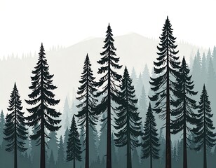 Silhouettes of pine trees in a foggy forest