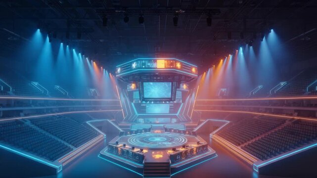 futuristic esports arena featuring multi-tiered stage with large digital screens illuminated by dynamic blue and orange spotlights and neon accents Empty tiered seating surrounds the central gaming pl