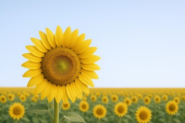 Vibrant Sunflower Blossom in Field Against Clear Blue Sky: Agriculture, Summer, and Natural Beauty