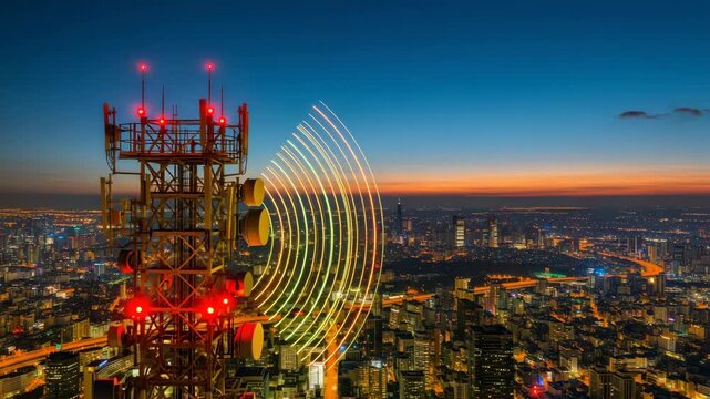 prominent cellular tower with red lights and multiple dishes projects vibrant signals over sprawling city Sky transitions from deep blue to fiery sunset illuminating dense urban landscape symbolizing