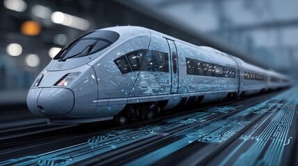Futuristic High Speed Train on Digital Tracks, Representing Modern Transportation and Advanced Technology
