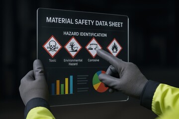 Worker Inspecting Material Safety Data Sheet on a Digital Tablet for Hazard Identification and Workplace Safety