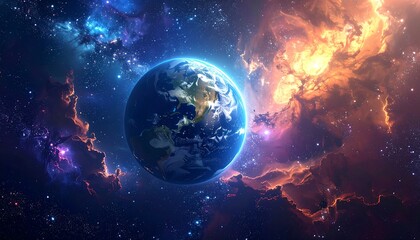 Obraz premium A vibrant depiction of Earth, surrounded by swirling nebulas and stardust, showcasing cosmic beauty and depth.