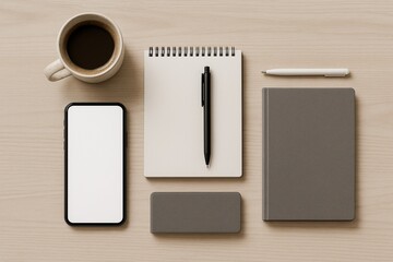 Minimalist Workspace Flat Lay with Smartphone, Notebooks and Coffee