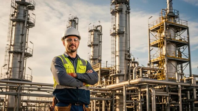 smiling worker in white hard hat safety glasses and reflective vest stands with crossed arms in front of an extensive industrial facility with numerous metal towers and intricate piping