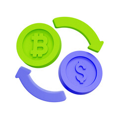 3D icon of a Bitcoin and a dollar coin with exchange arrows For cryptocurrency exchange, converting fiat to crypto, bitcoin trading, digital currency transaction.