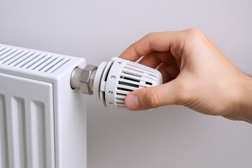 Adjusting Radiator Thermostat: Hand Turning Temperature Control for Home Heating and Energy Efficiency