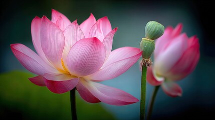 Fototapeta premium Close-up of Pink Lotus Flowers with Green Seed Pods, Symbolizing Purity and Spiritual Awakening