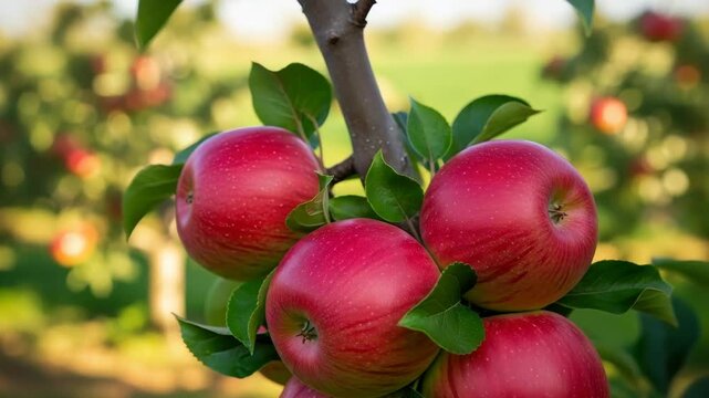 cluster of five vibrant red apples with faint stripes cling to brown branch nestled among green leaves A sunny blurred orchard background reveals more fruit