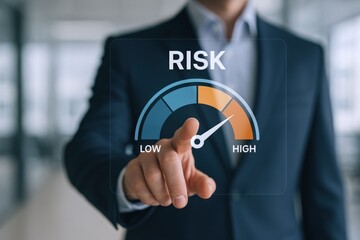 Obraz premium Risk Assessment Concept: Businessman Pointing to High Risk Level on Virtual Gauge Interface