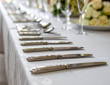Formal silverware set on a banquet table