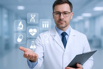 Medical Professional Displaying Healthcare Icons: Doctor Holding Clipboard with Digital Interface for Modern Medicine