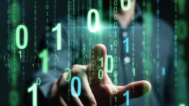 hand index finger extended interacts with luminous digital interface Cascading streams of glowing green and blue binary digits 0s and 1s surround with bright 0 highlighted at the point of touch