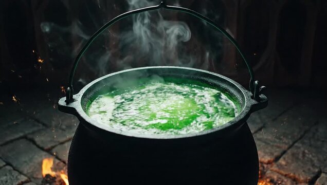 A bubbling cauldron filled with green potion on a fire