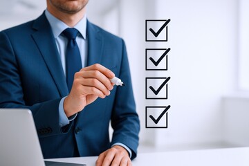 Businessman Reviews and Approves Checklist Items, Marking Completion with Confidence in a Bright, Modern Office
