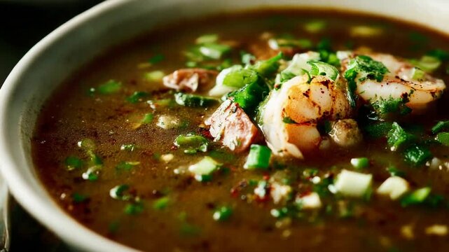 Close up of steaming hot shrimp gumbo with fresh herbs and spices.