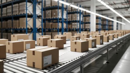 busy warehouse features numerous cardboard packages moving along long conveyor belt in the foreground In the blurred background tall blue shelving units are densely packed with more boxes - Powered by Adobe