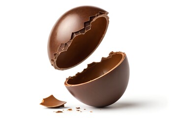 Delicious broken chocolate egg halves floating mid-air capturing a moment of sweet surprise