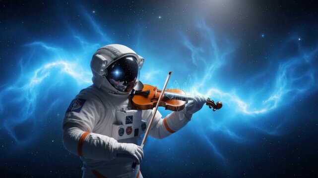 astronaut in white suit plays brown violin with bow against vibrant blue nebula and star-filled dark space The helmet visor reflects deep space and bright star