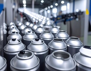 Obraz premium Silver spray cans on a conveyor belt in a factory (3)