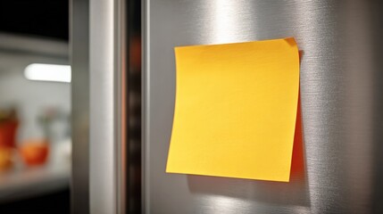 Blank Yellow Sticky Note on Refrigerator Door: Reminder, Message, and Kitchen Communication
