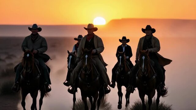 Five cowboys on horseback ride through dusty landscape at sunset The vibrant orange sun hangs low on the horizon illuminating the scene and hazy atmospheric glow