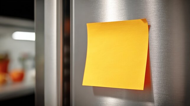 Blank Yellow Sticky Note on Refrigerator Door: Reminder, Message, and Kitchen Communication