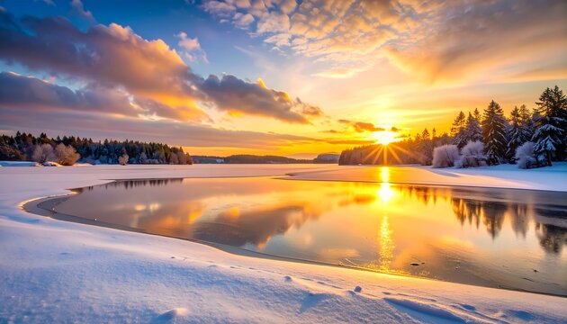 Breathtaking Winter Sunset Over a Frozen Lake with Snow-Covered Trees