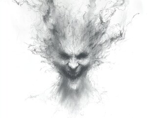 Eerie face emerges from smokey tendrils against stark white, evoking fear and mystery
