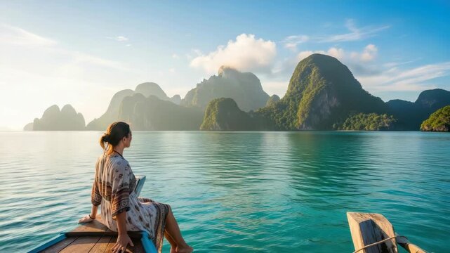 woman sits on boats bow gazing at towering green karsts amidst tranquil turquoise waters under bright sky Sunlight illuminates the tropical seascape