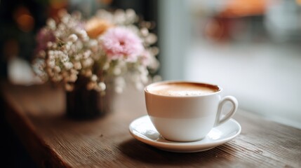 Fototapeta premium Cozy Coffee Break: Cappuccino on Wooden Countertop with Floral Arrangement, Perfect for Lifestyle and Cafe Advertising
