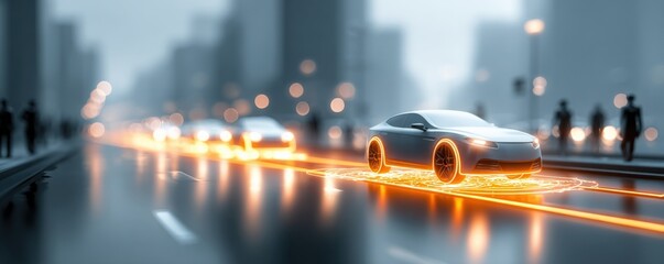 Futuristic autonomous vehicles driving on a city road illuminated with bright orange light trails and city background.