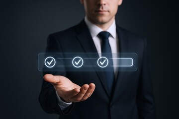 Businessman Displays Digital Checklist: Task Completion, Project Management, and Business Goals Achieved in a Modern Interface
