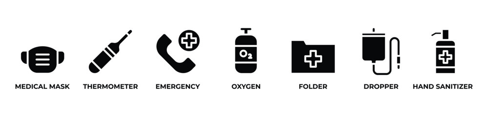 From Masks to Oxygen glyph Icons set vector illustration glyph with  MEDICAL MASK, THERMOMETER, EMERGENCY, OXYGEN, FOLDER, DROPPER, HAND SANITIZER