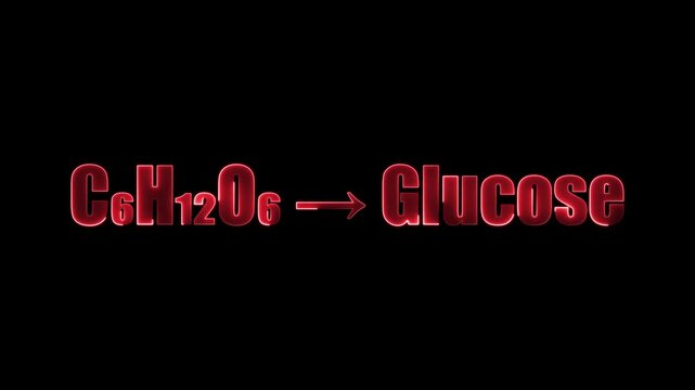 Chemical formula C6 H12 O6 representing Glucose with red neon glow on black background C6H12O6 chemistry