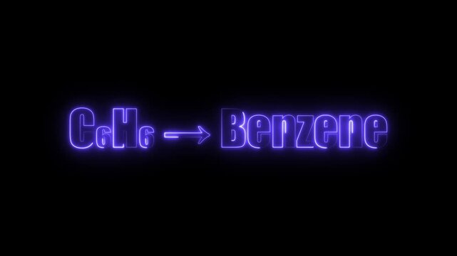 Purple Neon Glow Text Formula C6 H6 Benzene Chemical Compound on Black Background C6H6 chemical formula