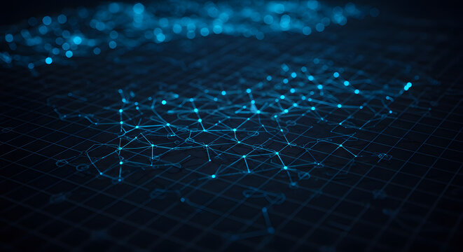 Abstract network nodes in a glowing blue grid