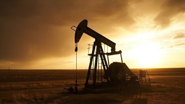 Oil Pumpjack Silhouette at Sunset: Energy Production in Golden Light
