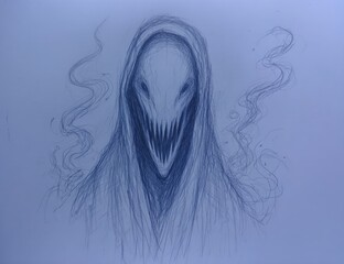 A hooded, pale-faced creature with a gaping mouth filled with teeth and wispy emanations