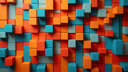 Vibrant, colorful geometric blocks create an abstract wall design in dynamic shades of orange, blue, and light gray. Generative AI.