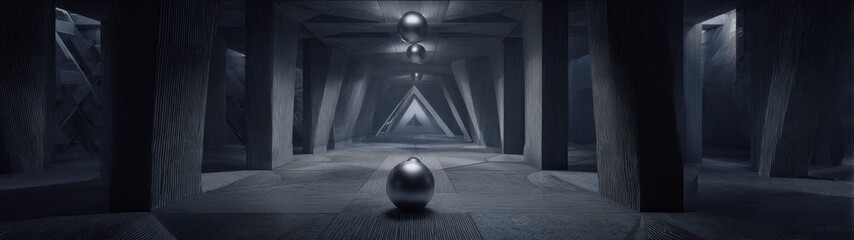 Abstract architectural interior with metallic spheres and converging lines