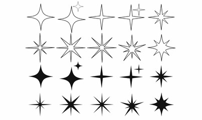 Set of sparkle starburst icons in outline and solid style. Collection of shining light, twinkle, glowing star shapes for decoration, highlights, logo, and design elements.