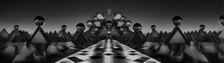 Abstract black and white chess set arrayed in dramatic symmetric composition