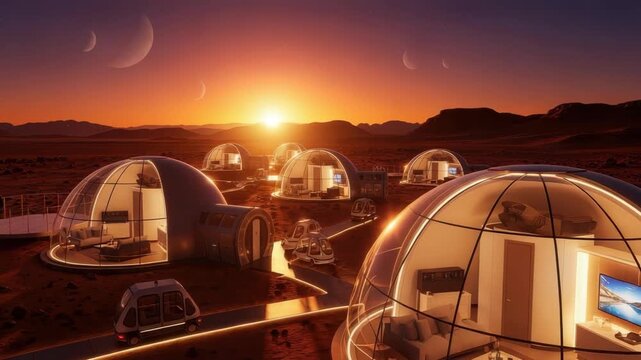 futuristic settlement on barren red planet at sunset featuring multiple illuminated domed habitats with modern interiors connected by glowing paths with autonomous vehicles Moons fill the sky