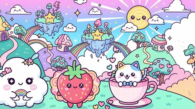 Kawaii Dreamscape: Animated Cartoon World with Cute Characters and Pastel Colors